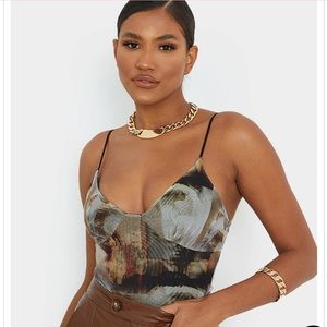 Nude Mesh Abstract Renaissance Print Cup Detail Bodysuit